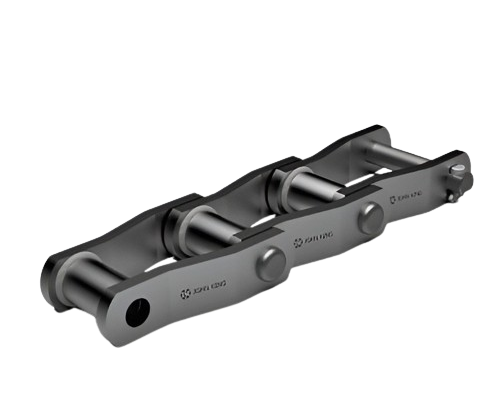 JOHN KING Welded Steel Chains have become a preferred choice in many high duty grain handling applications. The series employs an offset side plate, a bush circumferentially welded to the side plate with a pin subject to heavy interderence fit of normally cottered construction. The side bar crank profile includes a “long landing” to allow maximum area for welding. The standard KING chain has heat treated parts, including an induction hardened pin and bush for optimum performance in high duty applications. The chain is generally utilised with polyethylene flights of various forms bolted to steel backing plates which in turn are welded to the chain.